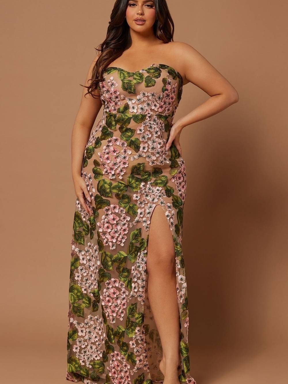 Strapless Pink Floral Maxi Dress with Thigh Slit